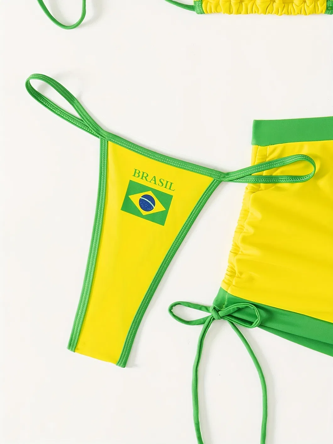 Brazil Letter Printing Three Pieces Swimsuits with Bobyshort