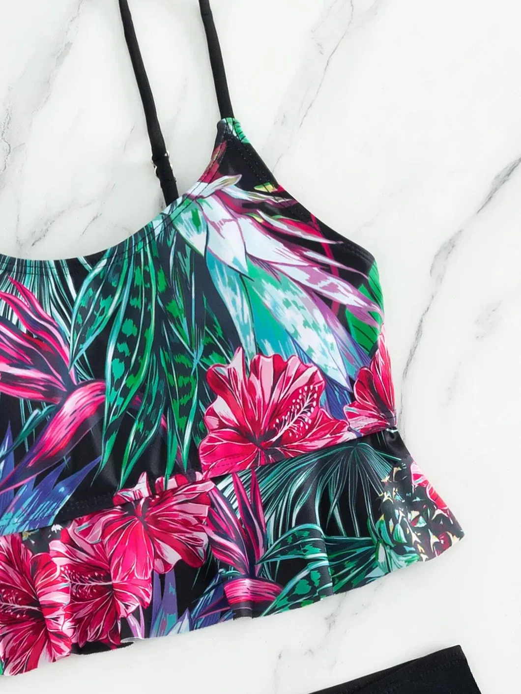 Tropic Printing Ruffled Crop Top with Boyshort