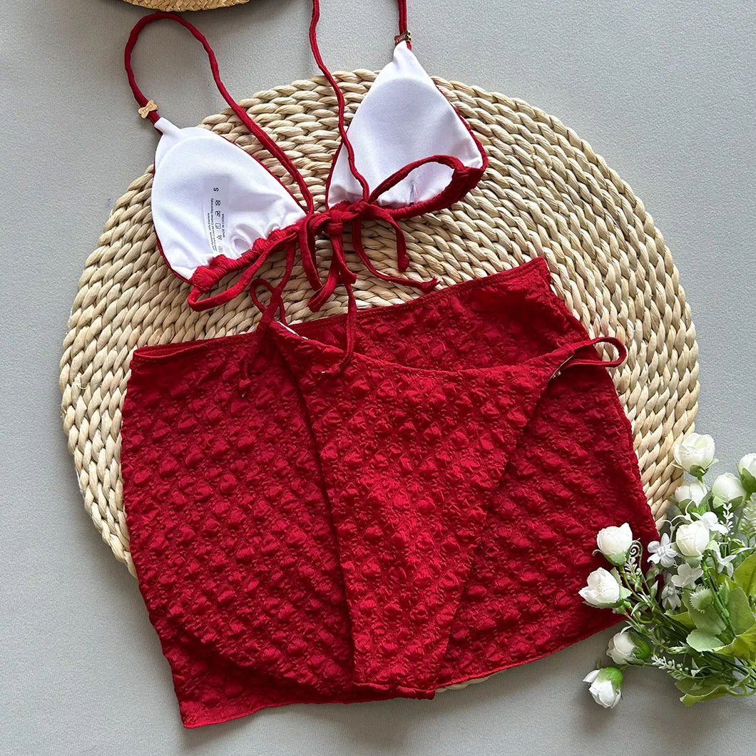 Bubble Fabric Three Piece Swimwear with Small Gold Hardware