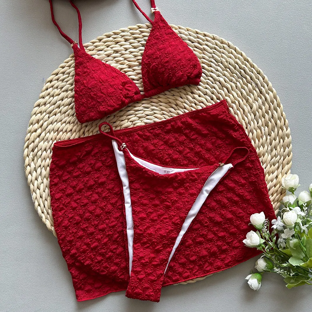 Bubble Fabric Three Piece Swimwear with Small Gold Hardware