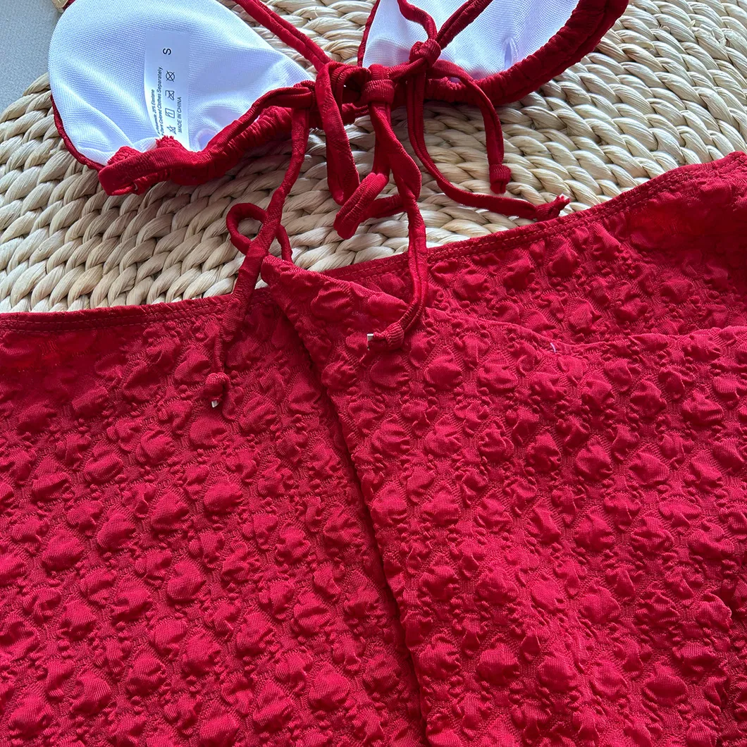 Bubble Fabric Three Piece Swimwear with Small Gold Hardware