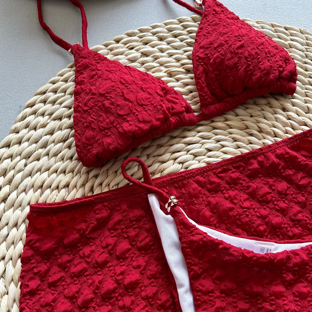 Bubble Fabric Three Piece Swimwear with Small Gold Hardware