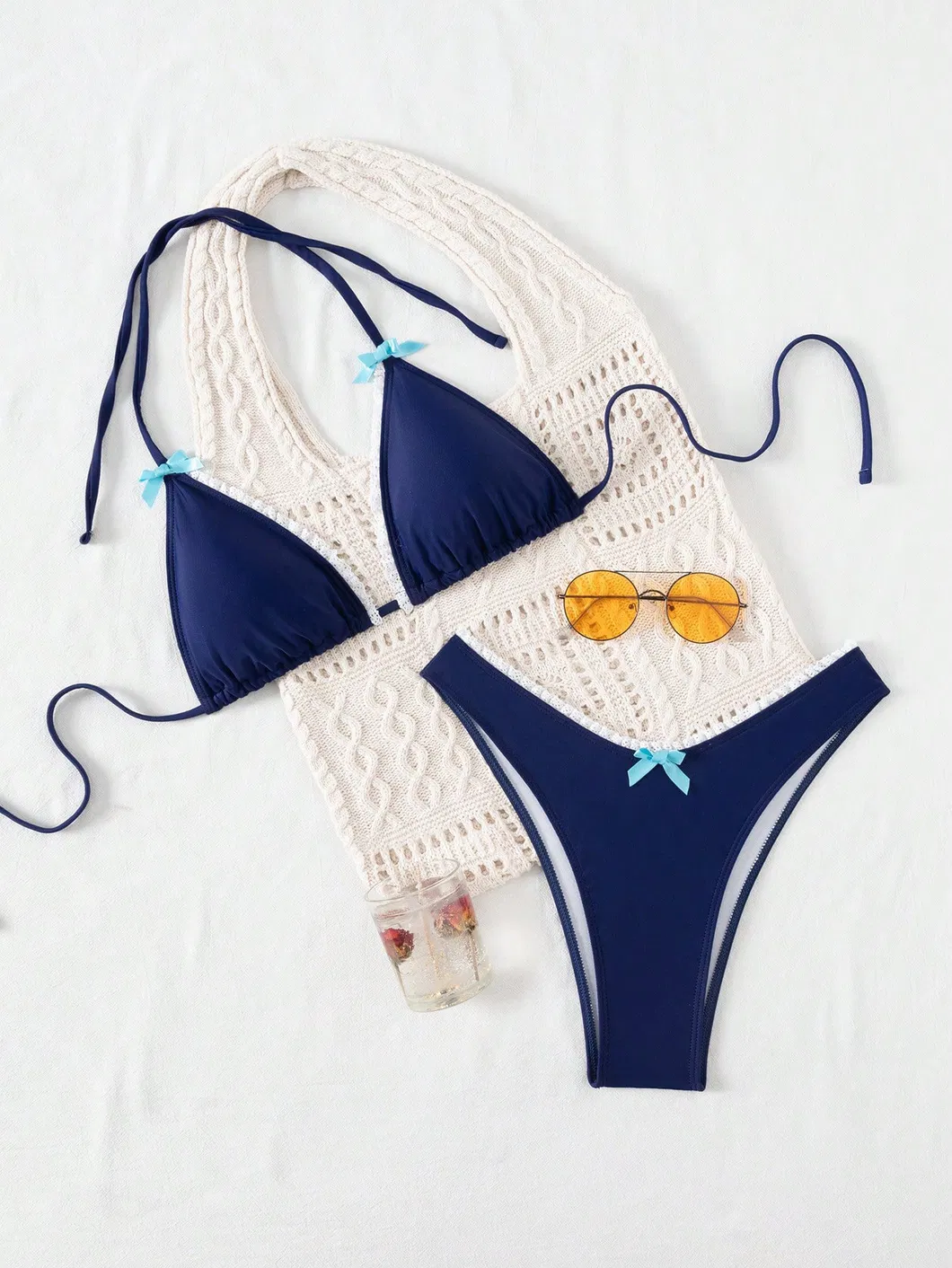 Contrast Lace Ruffle Edge Two Piece Swimsuits with Bowknot