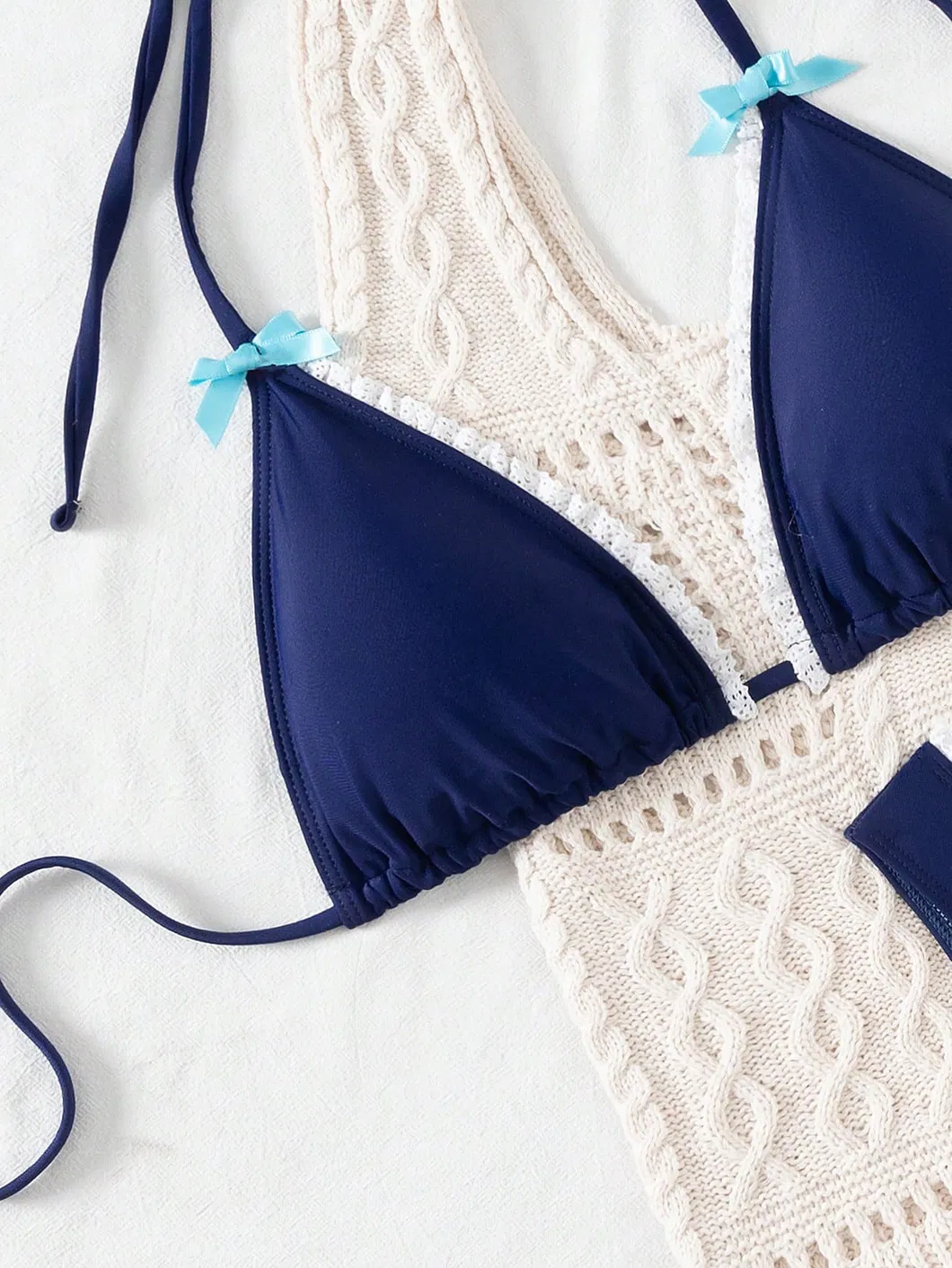 Contrast Lace Ruffle Edge Two Piece Swimsuits with Bowknot