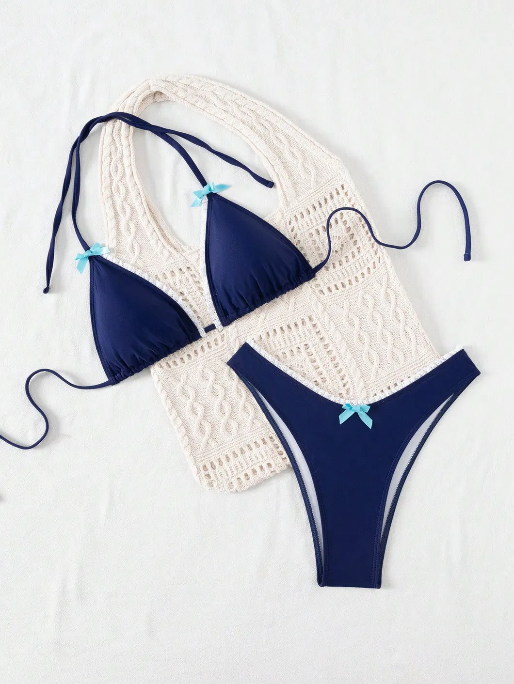 Contrast Lace Ruffle Edge Two Piece Swimsuits with Bowknot