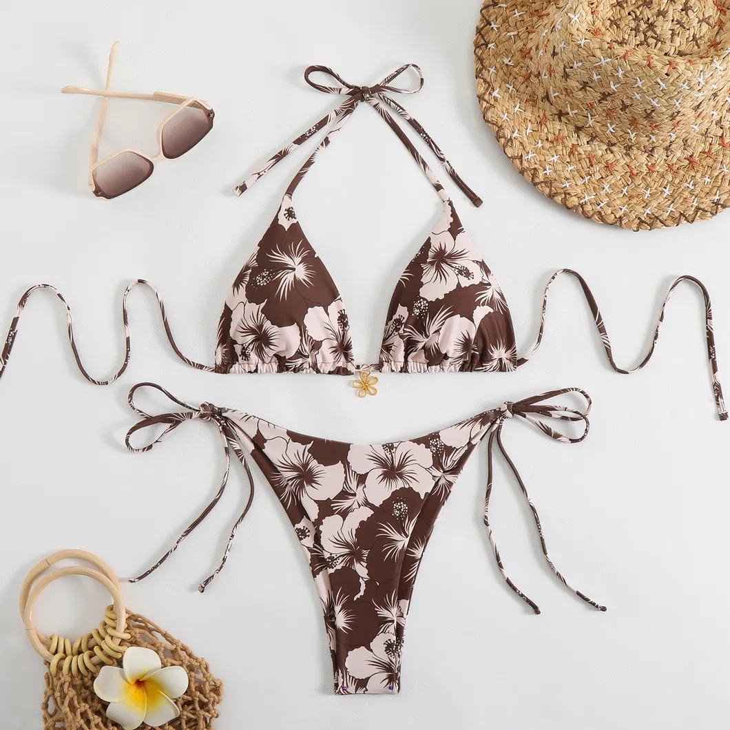 Hibiscus Printing Two Pieces Bikini with Gold Flower Charm