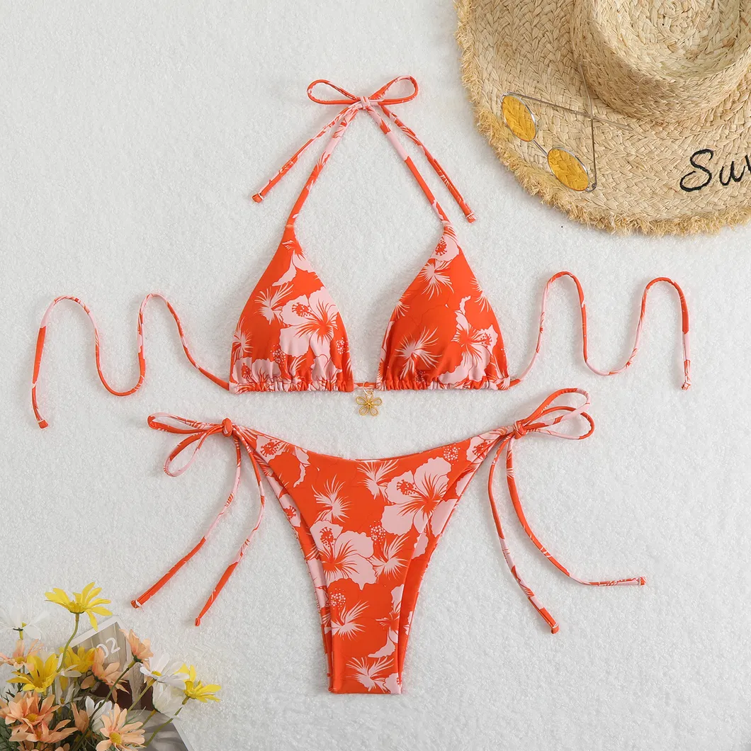 Hibiscus Printing Two Pieces Bikini with Gold Flower Charm