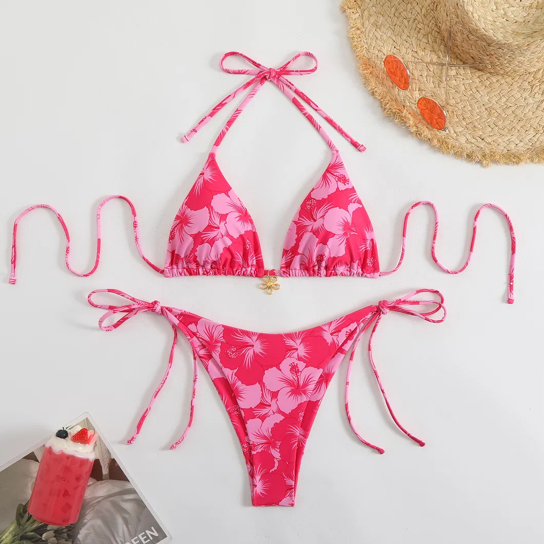 Hibiscus Printing Two Pieces Bikini with Gold Flower Charm