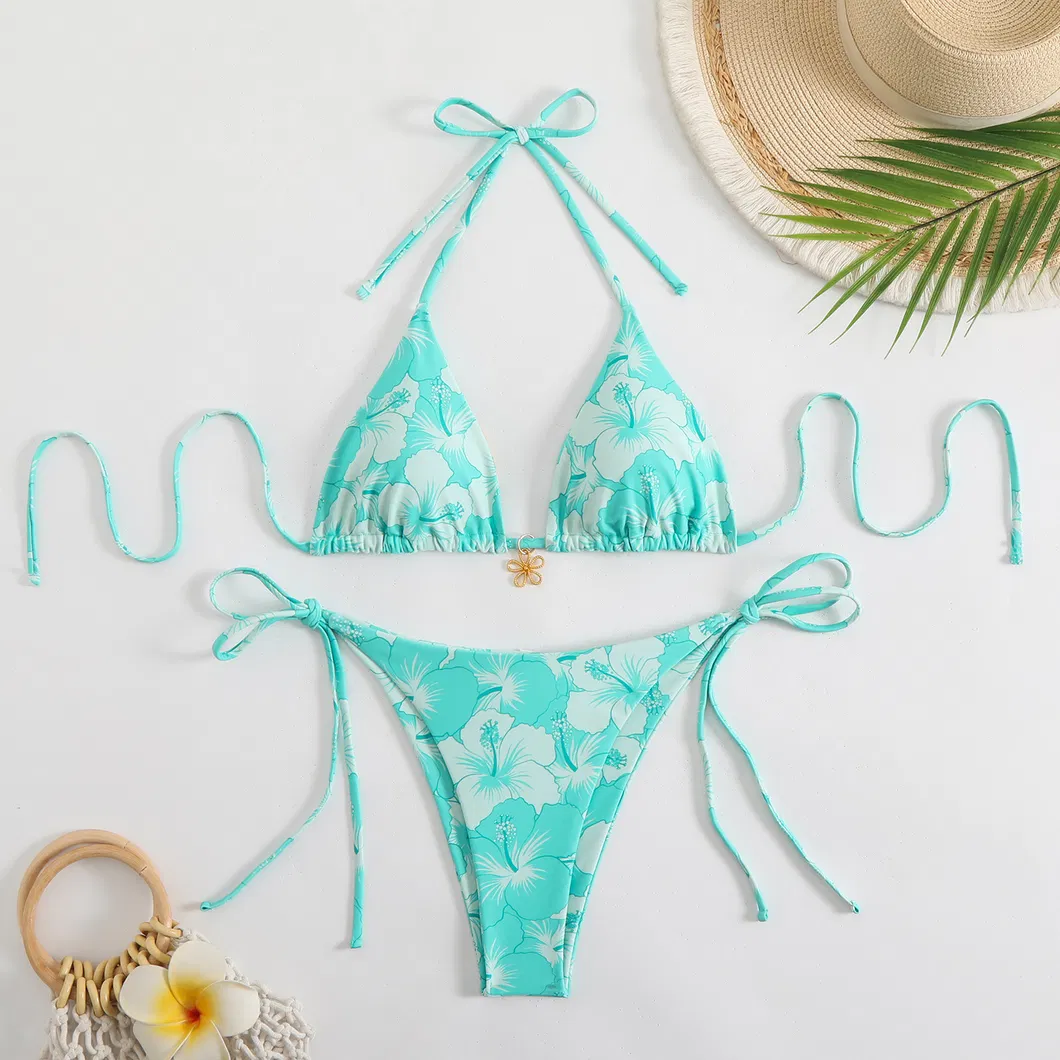 Hibiscus Printing Two Pieces Bikini with Gold Flower Charm