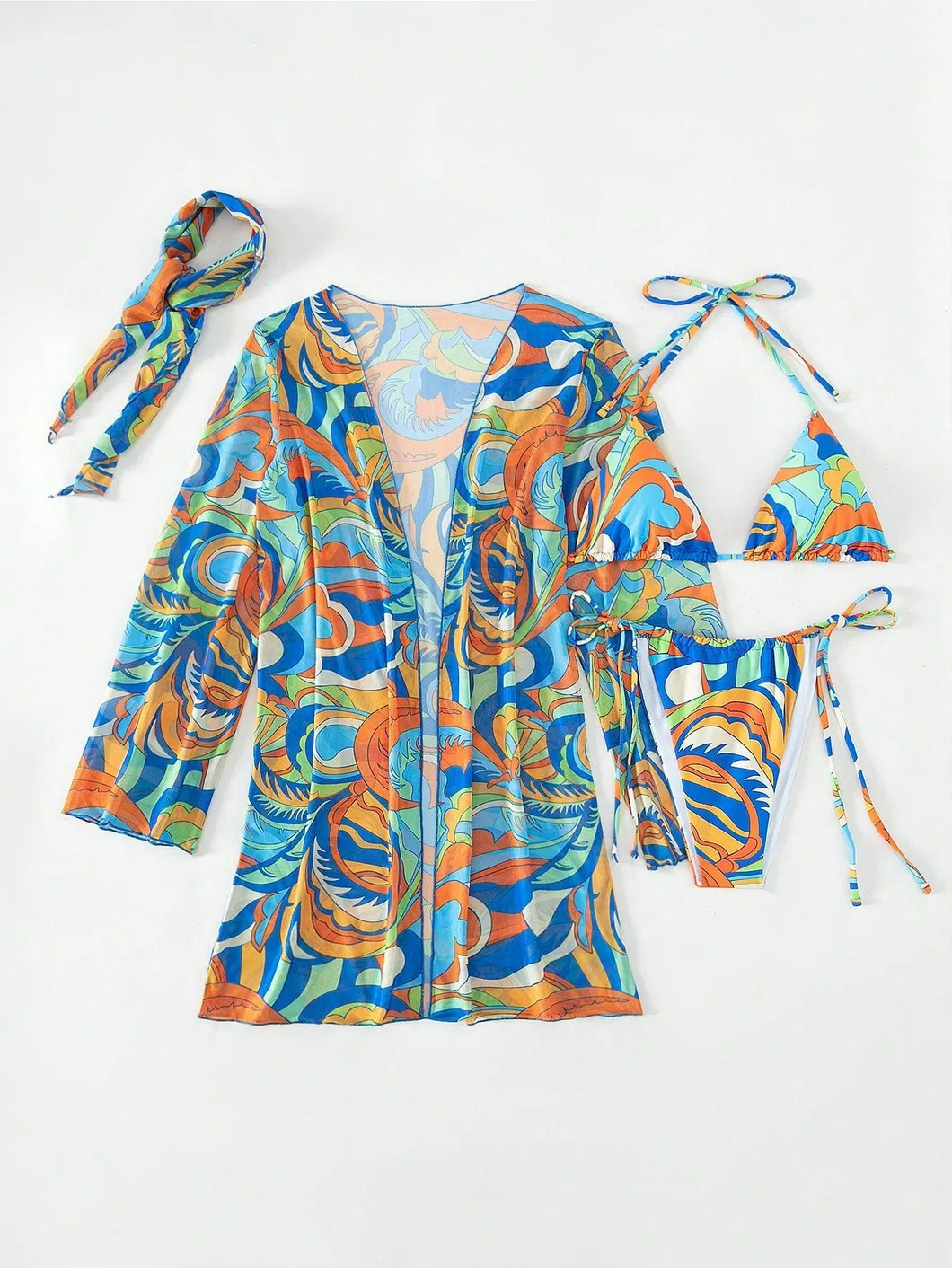 Colorful Printing Three Piece Swimsuits with Mesh Cover up