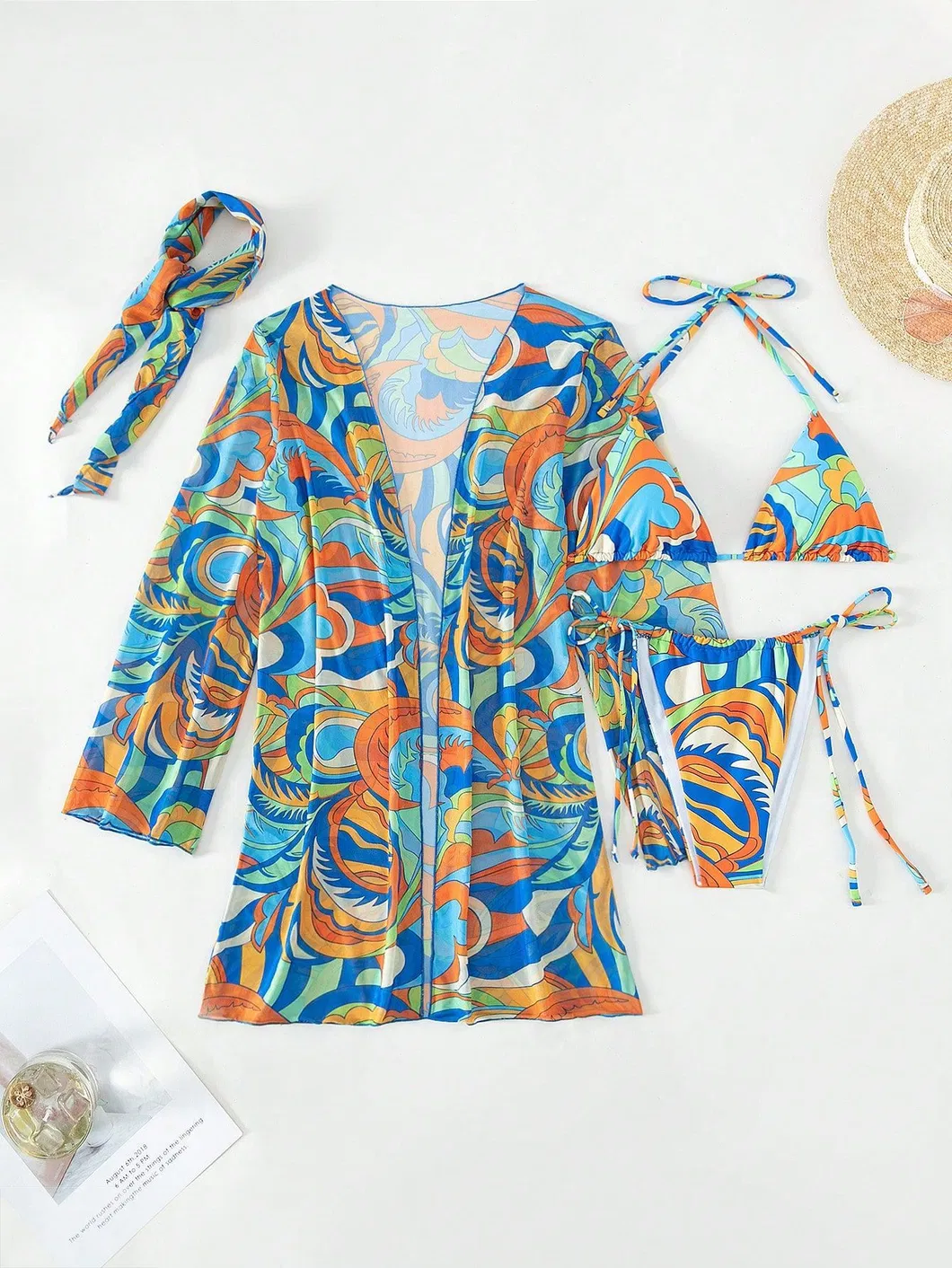 Colorful Printing Three Piece Swimsuits with Mesh Cover up