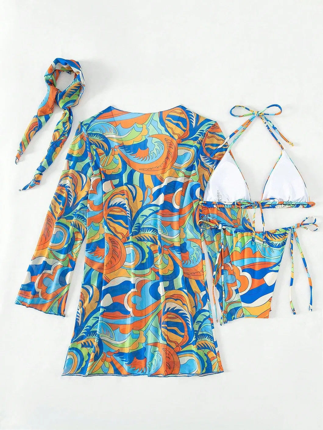 Colorful Printing Three Piece Swimsuits with Mesh Cover up