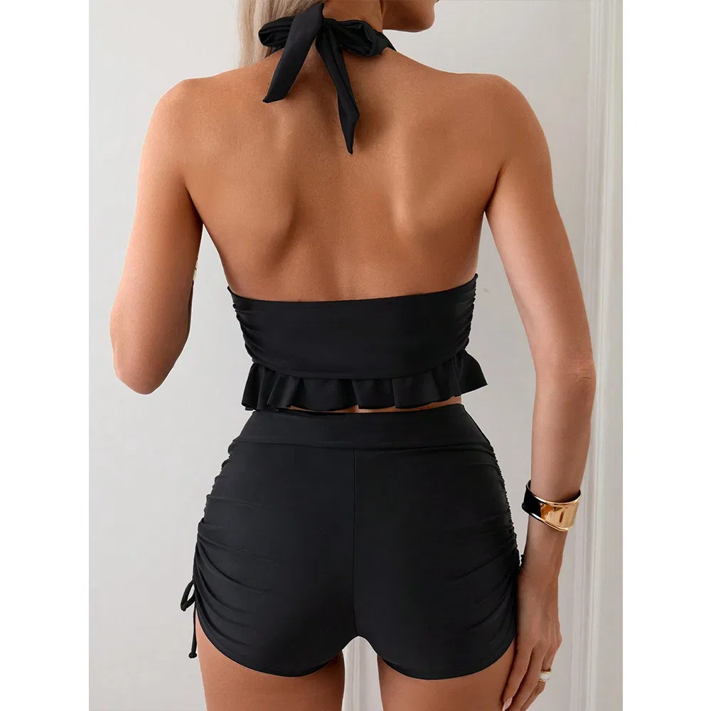 Ruffled Halter Top Two Pieces Swimwear with Boyshort