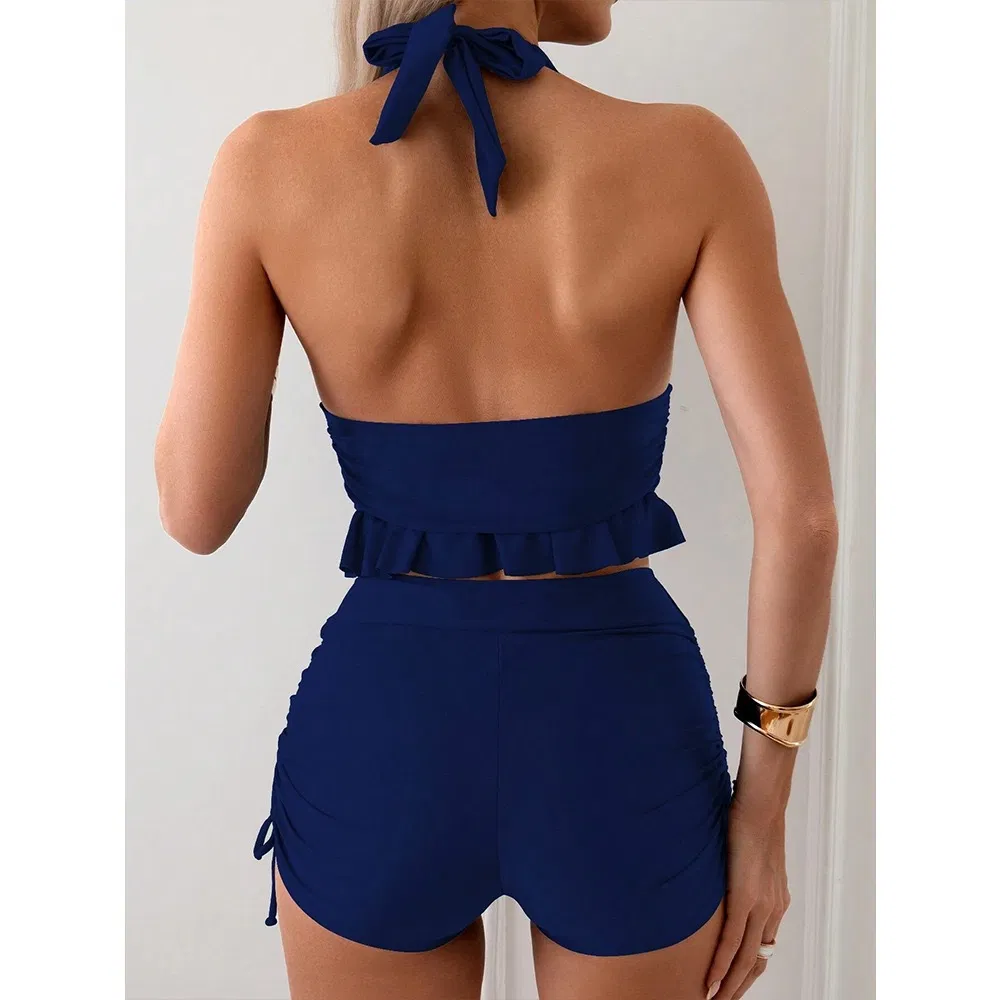 Ruffled Halter Top Two Pieces Swimwear with Boyshort