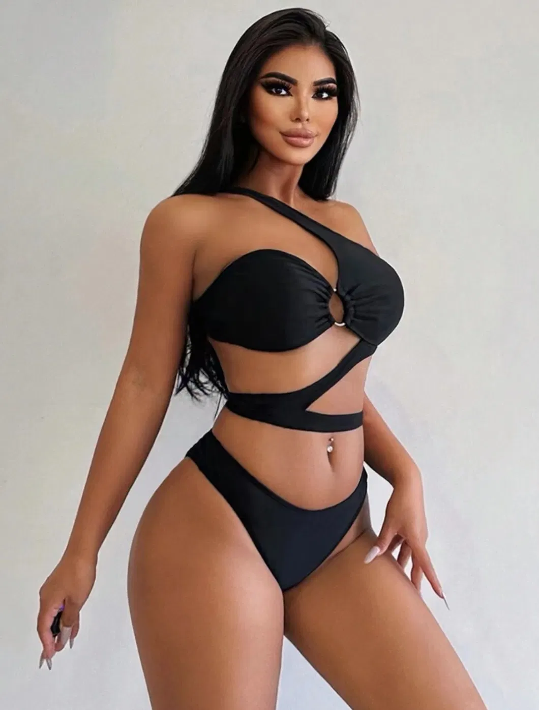 Two Pieces One Shoulder Cut out Bikini with O Ring