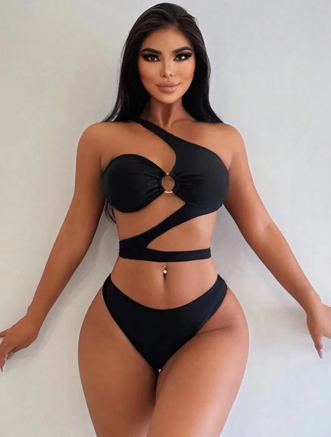 Two Pieces One Shoulder Cut out Bikini with O Ring