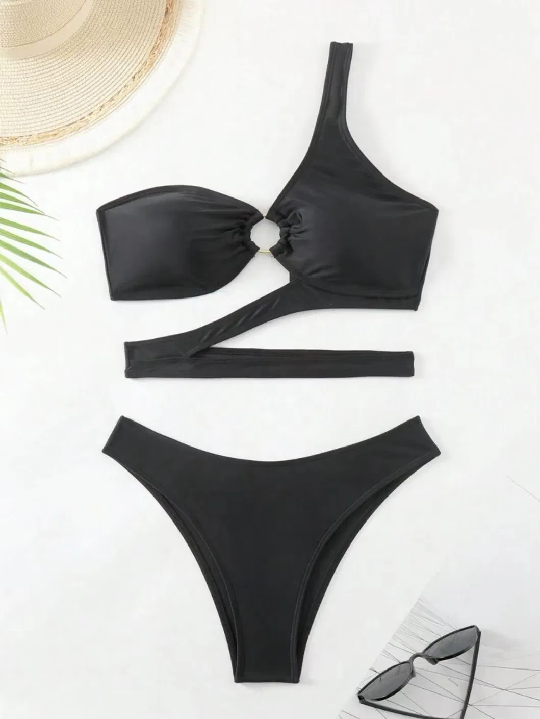Two Pieces One Shoulder Cut out Bikini with O Ring