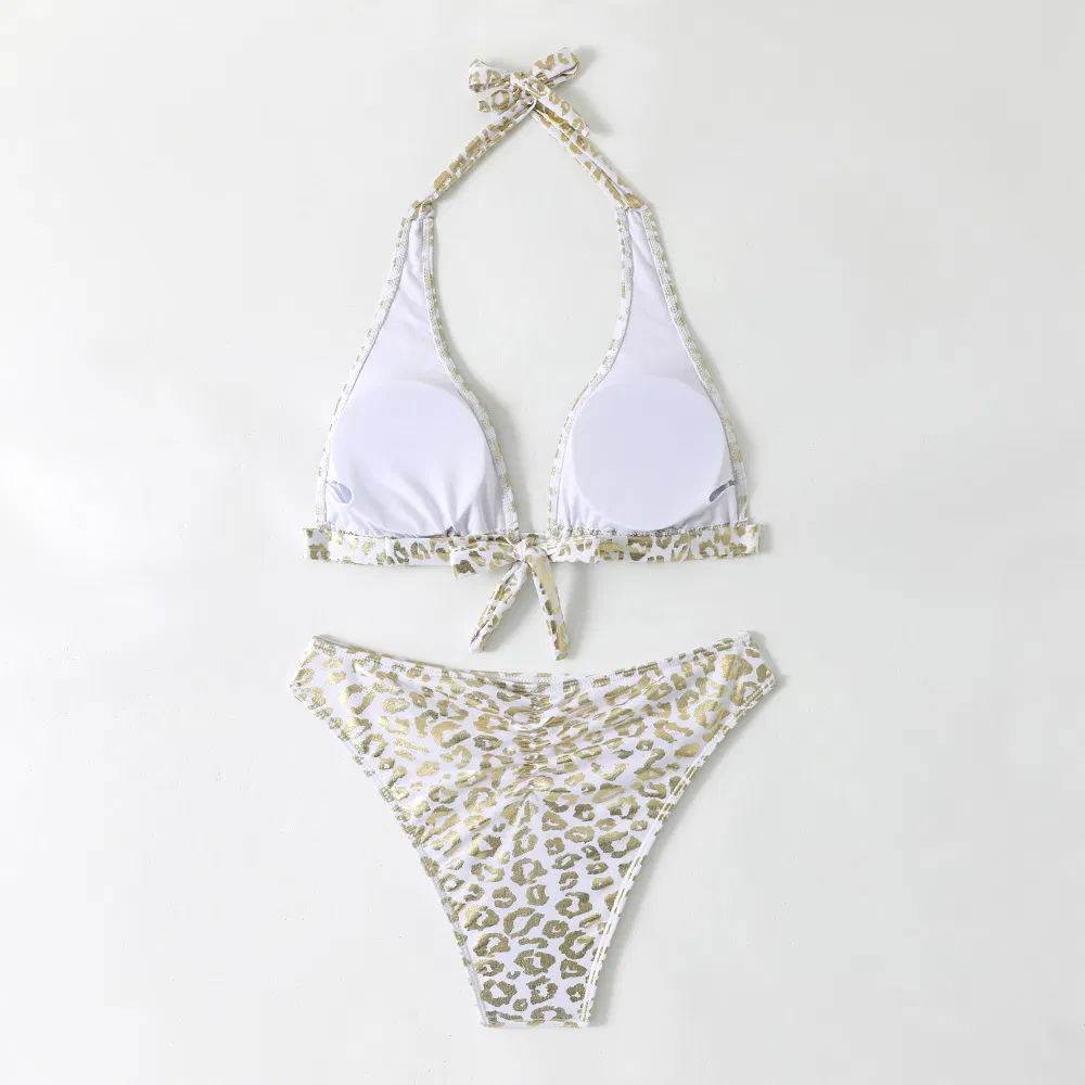 Leopard Print Shiny Halter Two Pieces Bikini