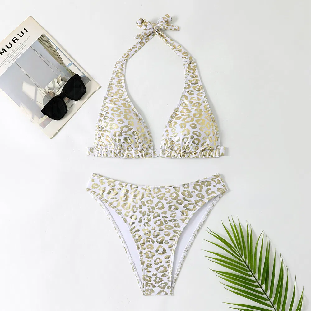 Leopard Print Shiny Halter Two Pieces Bikini