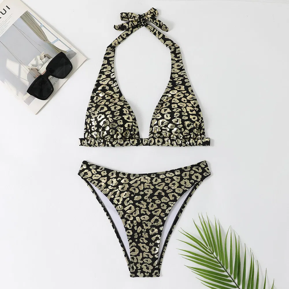 Leopard Print Shiny Halter Two Pieces Bikini
