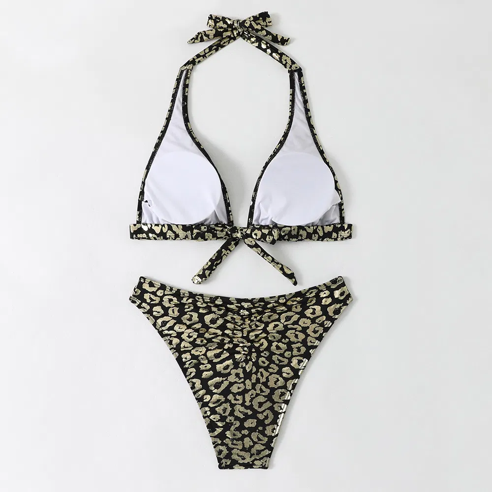 Leopard Print Shiny Halter Two Pieces Bikini