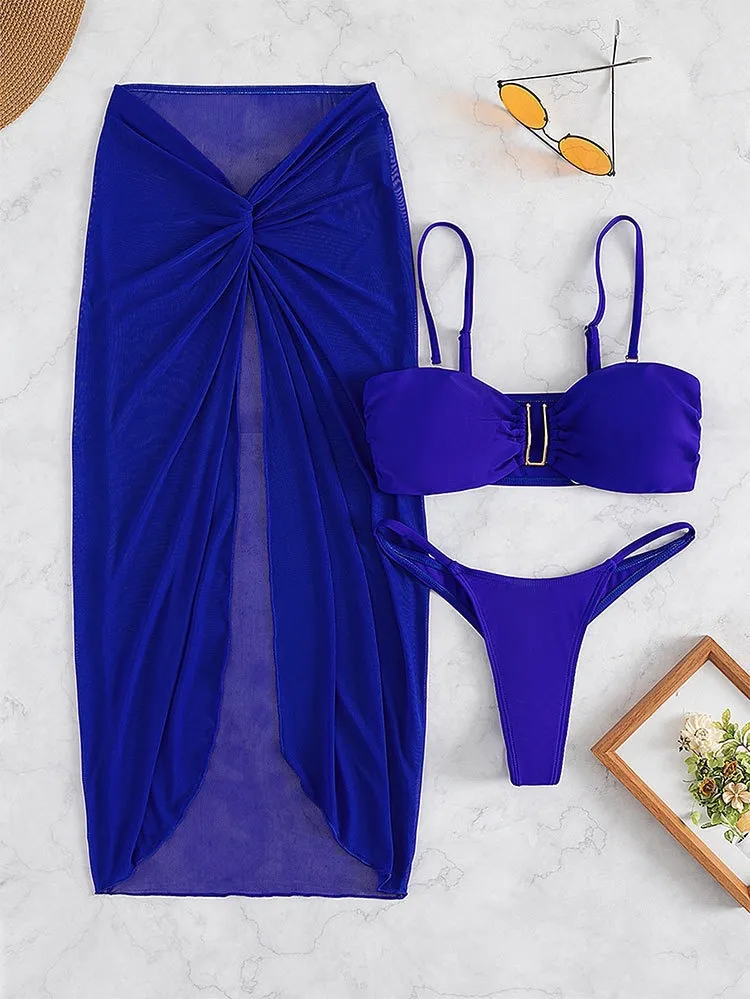 Sexi Hot Product Three Pieces Bikini U Hardware with Mesh Slit Maxi Dress Women Swimsuits