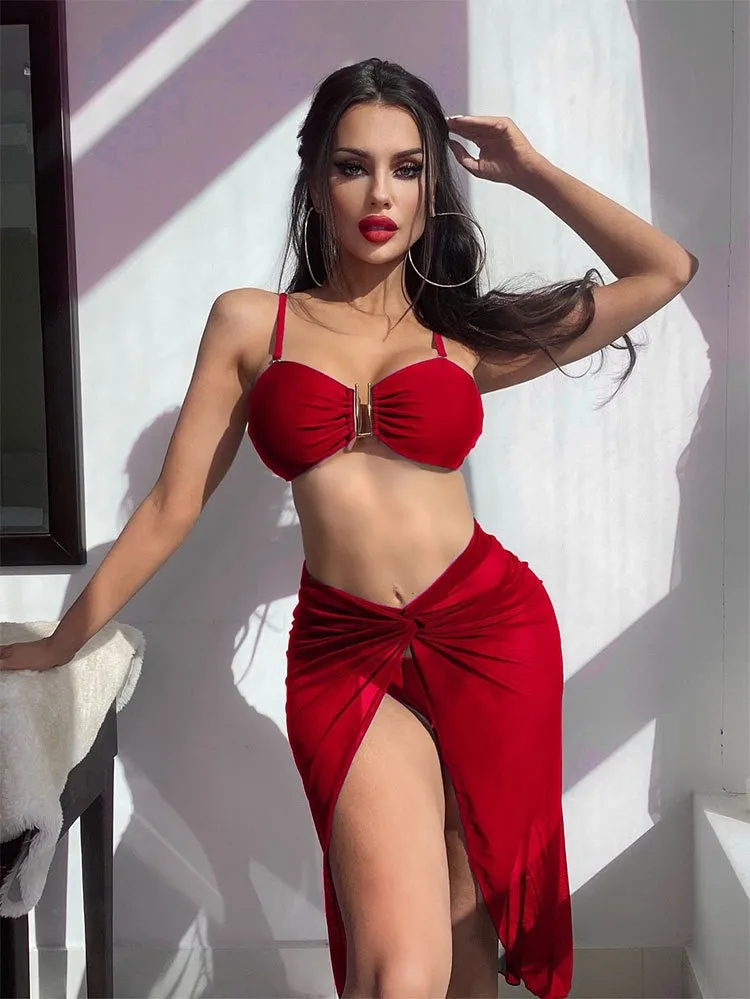 Sexi Hot Product Three Pieces Bikini U Hardware with Mesh Slit Maxi Dress Women Swimsuits