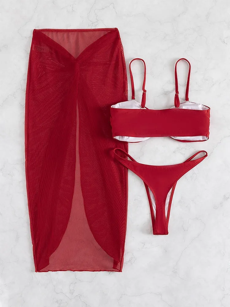 Sexi Hot Product Three Pieces Bikini U Hardware with Mesh Slit Maxi Dress Women Swimsuits
