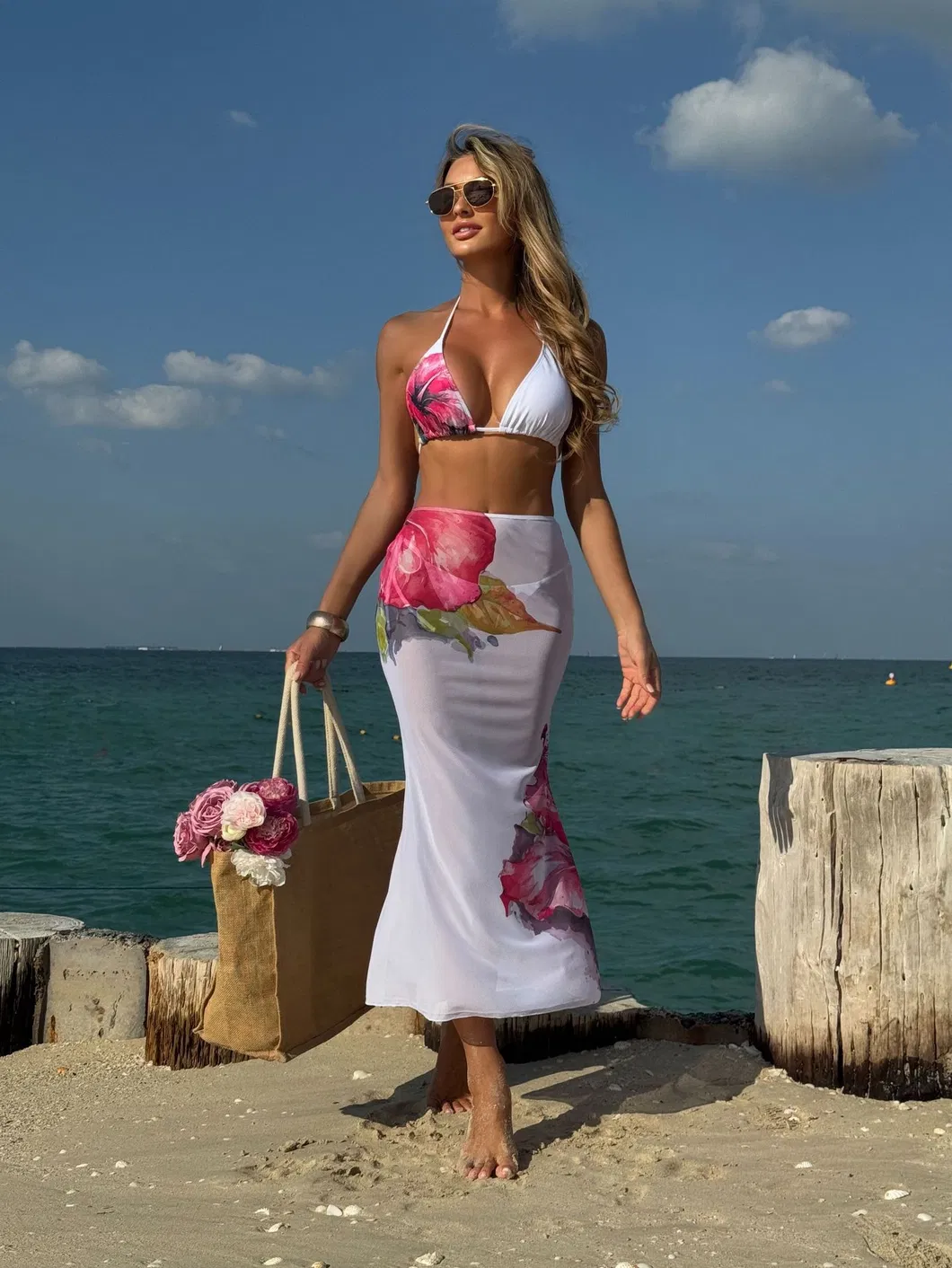 Large Floral Print Swimwear Halter Tie Three Pieces Bikini with Fishtail Maxi Skirt
