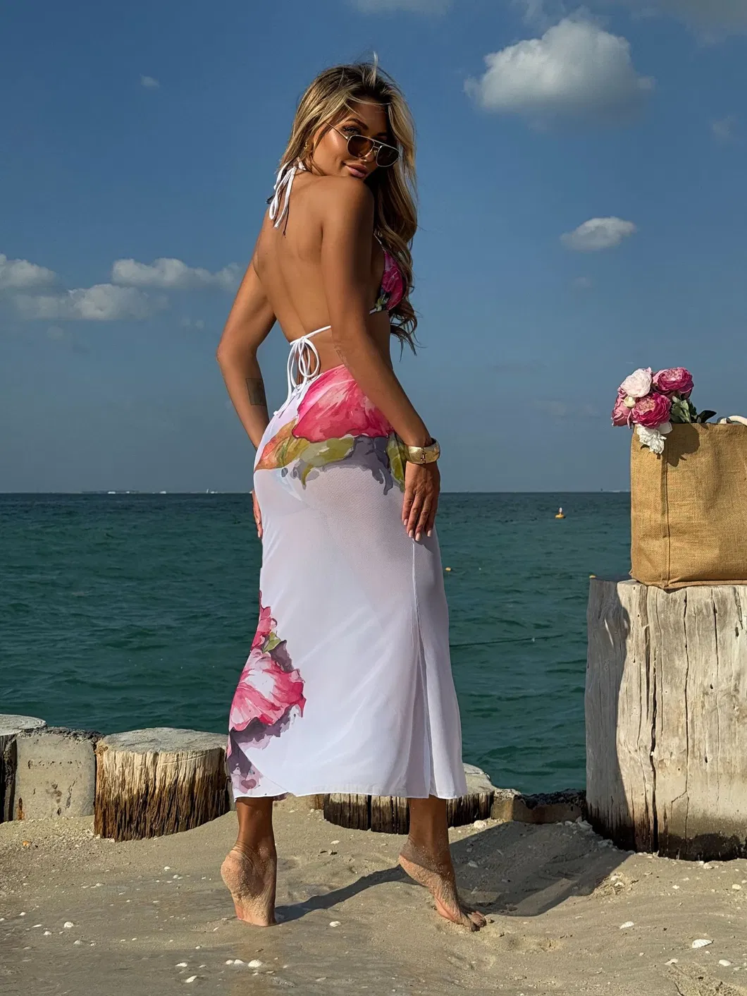 Large Floral Print Swimwear Halter Tie Three Pieces Bikini with Fishtail Maxi Skirt