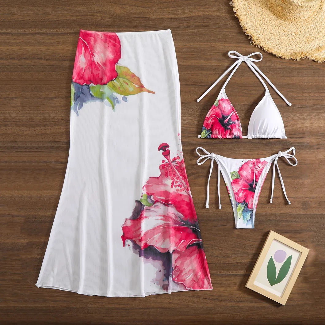 Large Floral Print Swimwear Halter Tie Three Pieces Bikini with Fishtail Maxi Skirt
