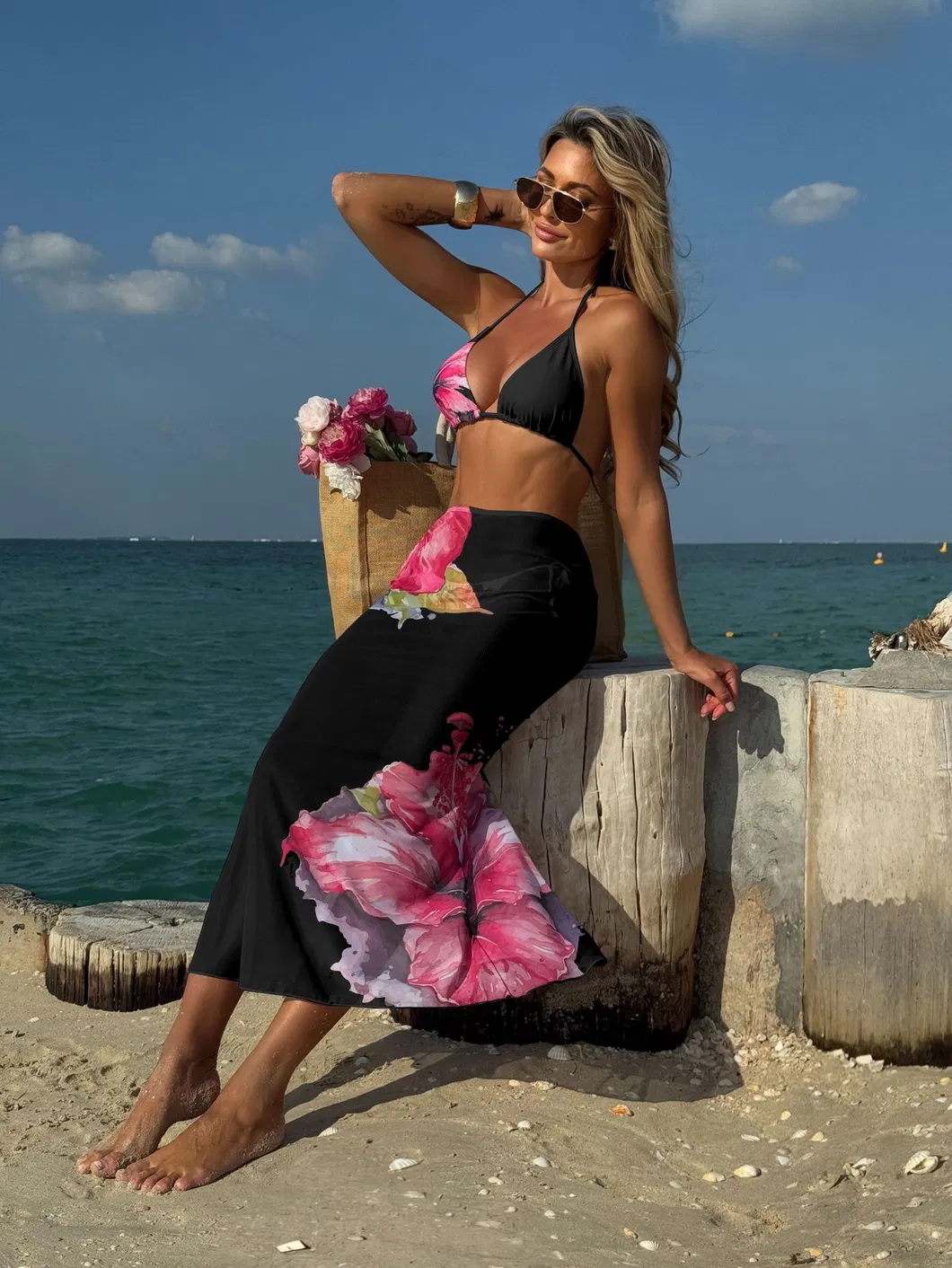 Large Floral Print Swimwear Halter Tie Three Pieces Bikini with Fishtail Maxi Skirt