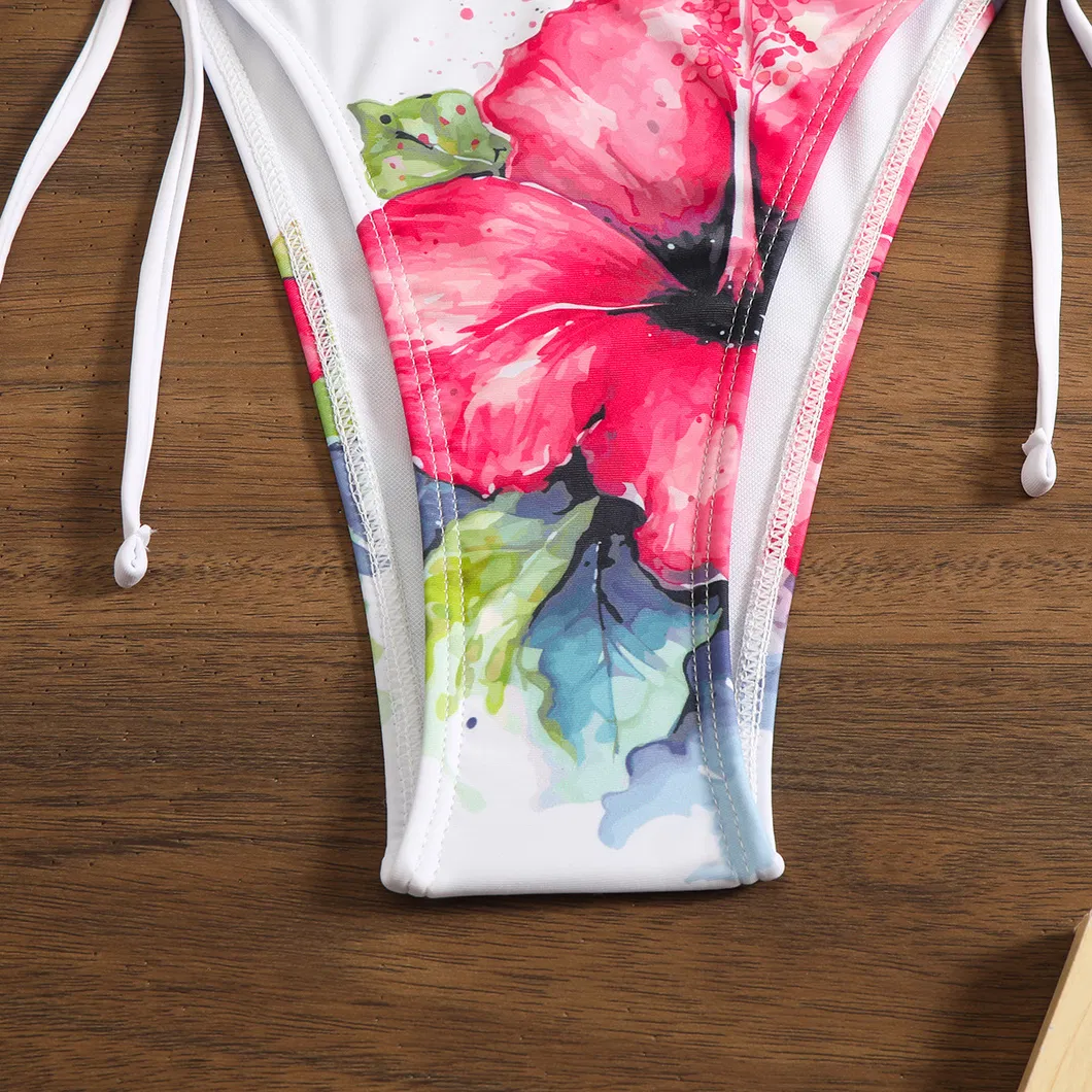 Large Floral Print Swimwear Halter Tie Three Pieces Bikini with Fishtail Maxi Skirt