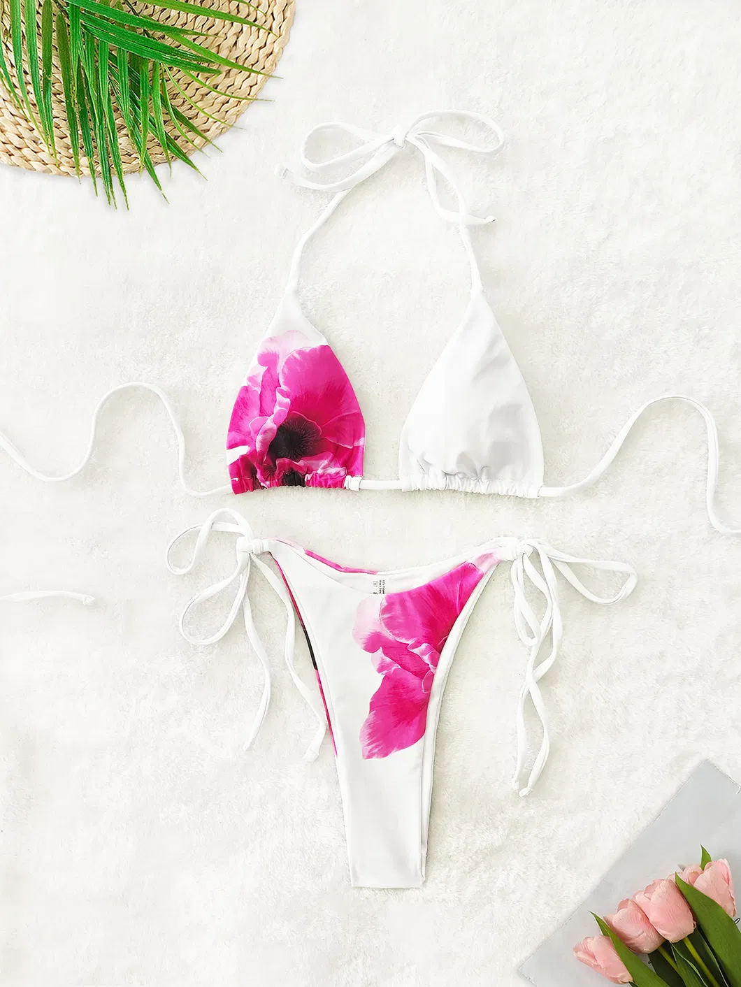 Designer Halter Multicolor Flower Print Three Pieces Bikini with Mesh Maxi Skirt Women Swimsuits