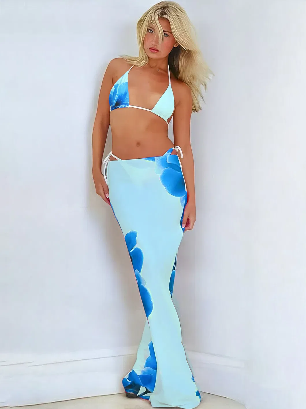 Designer Halter Multicolor Flower Print Three Pieces Bikini with Mesh Maxi Skirt Women Swimsuits