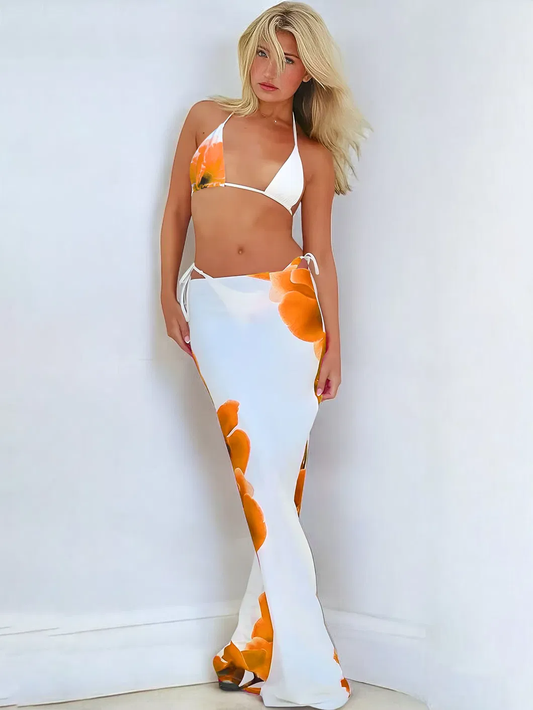 Designer Halter Multicolor Flower Print Three Pieces Bikini with Mesh Maxi Skirt Women Swimsuits