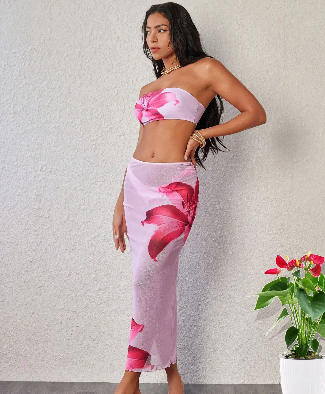 Bandeau Bikini Lily Print Three Pieces Women Swimsuits with MIDI Mesh Hip Skirt