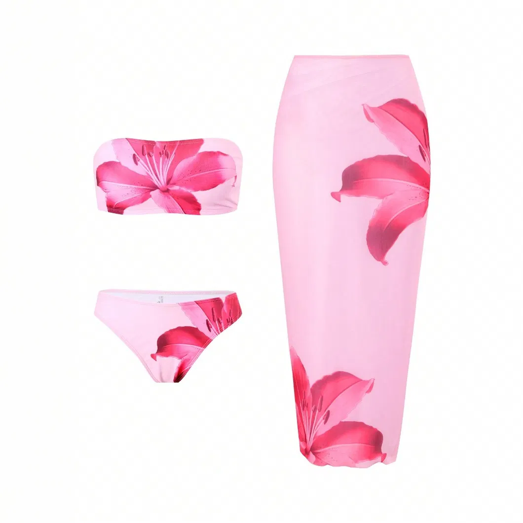 Bandeau Bikini Lily Print Three Pieces Women Swimsuits with MIDI Mesh Hip Skirt