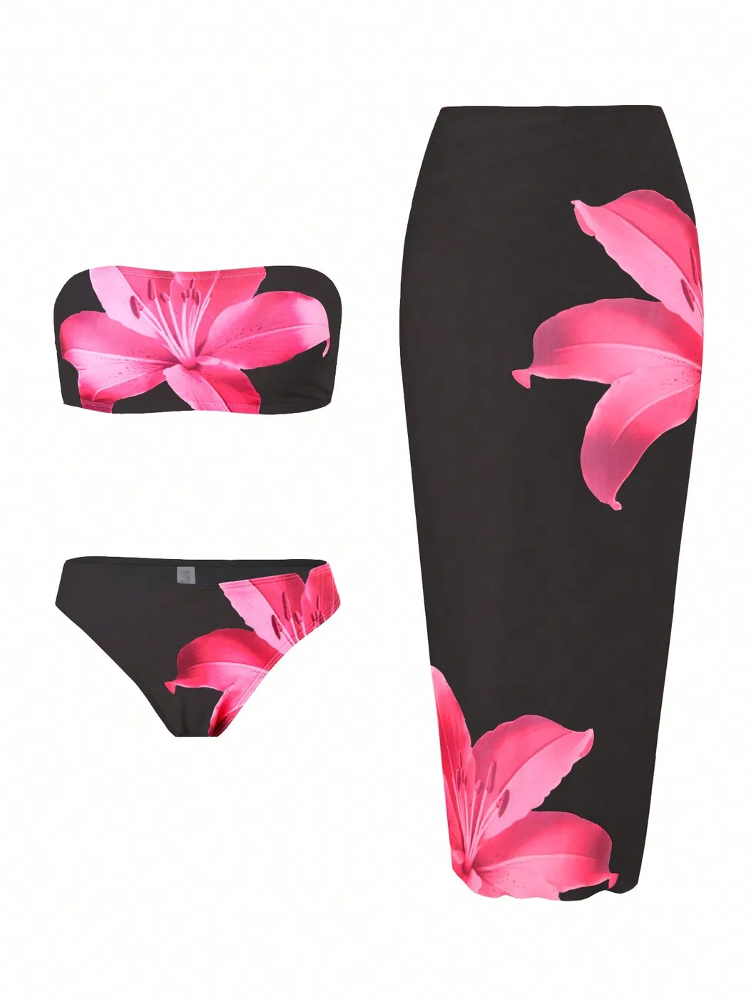 Bandeau Bikini Lily Print Three Pieces Women Swimsuits with MIDI Mesh Hip Skirt