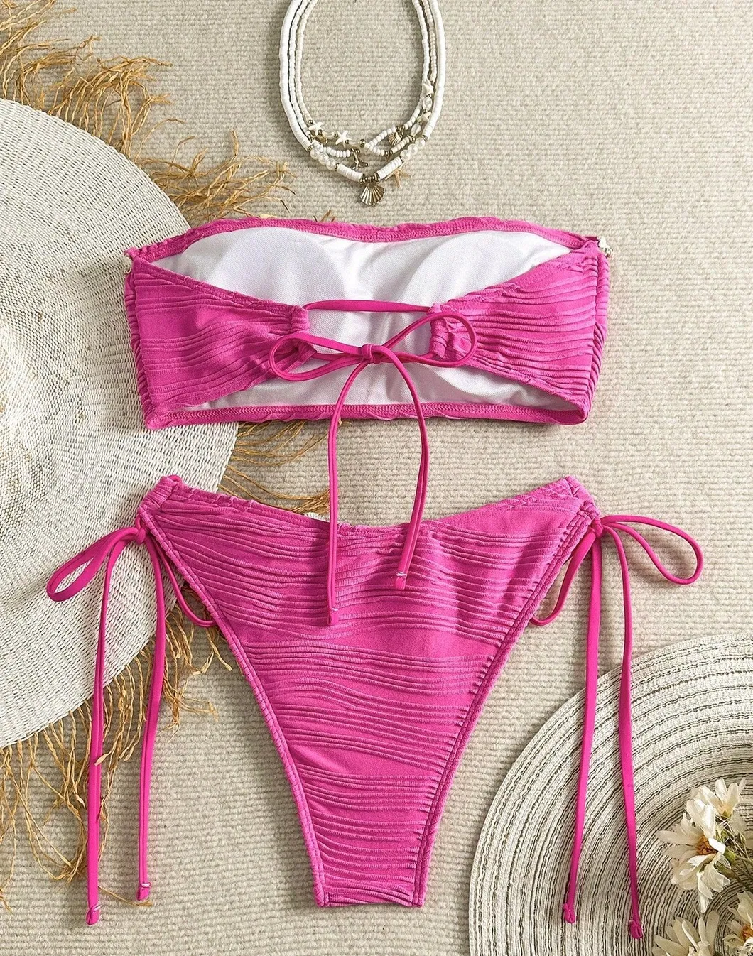 Starfish Shell Tassel Bandeau Sexy Women Two Pieces Bikini with Corrugated Fabric