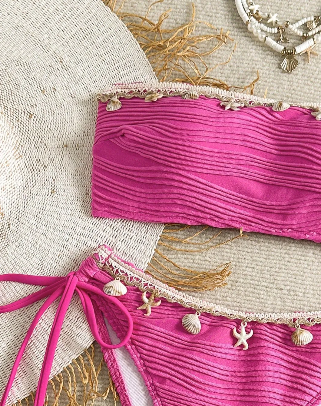 Starfish Shell Tassel Bandeau Sexy Women Two Pieces Bikini with Corrugated Fabric