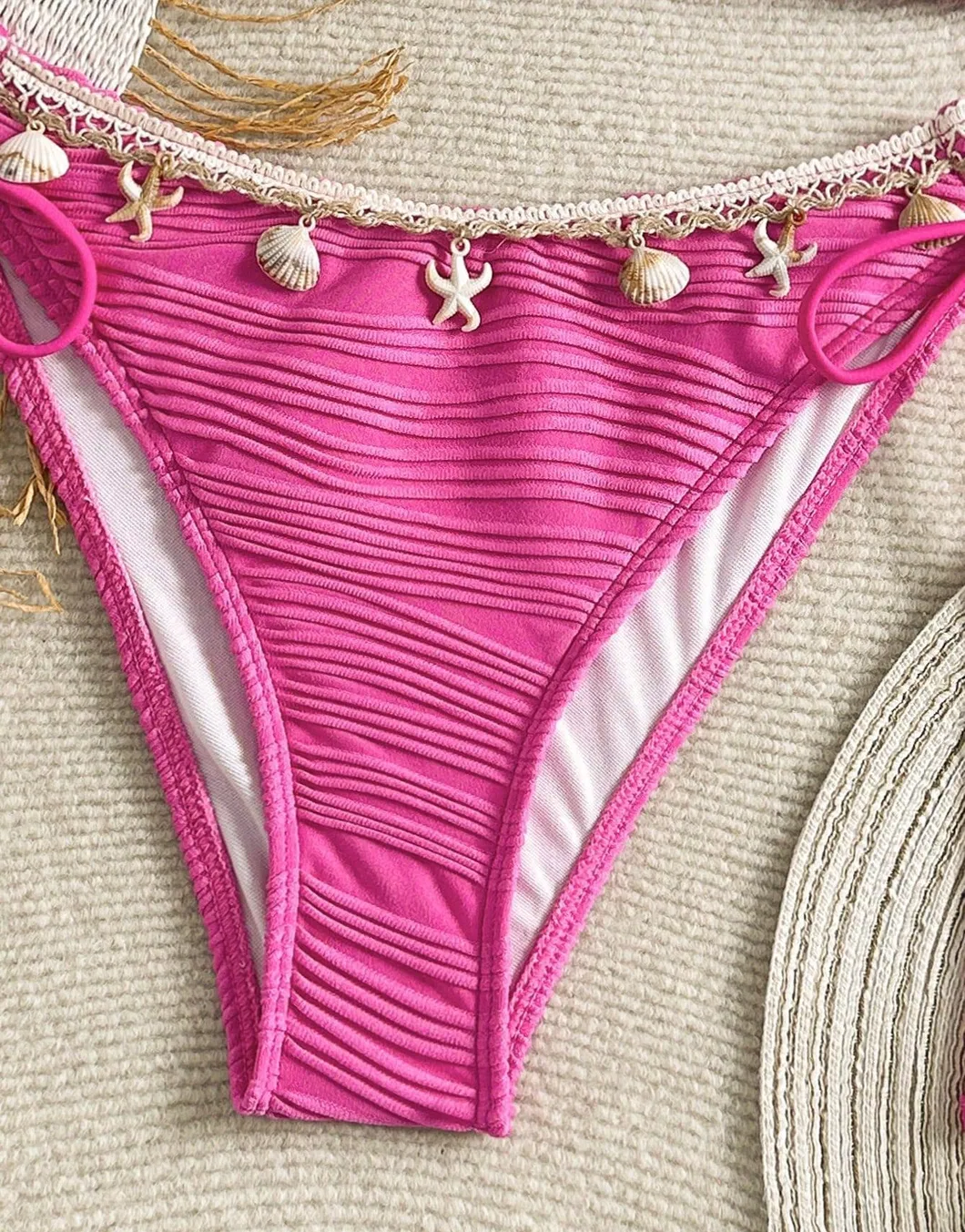 Starfish Shell Tassel Bandeau Sexy Women Two Pieces Bikini with Corrugated Fabric
