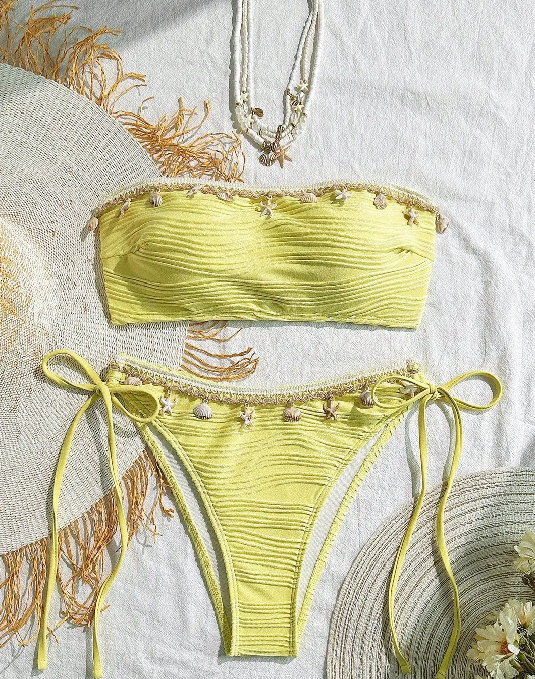 Starfish Shell Tassel Bandeau Sexy Women Two Pieces Bikini with Corrugated Fabric