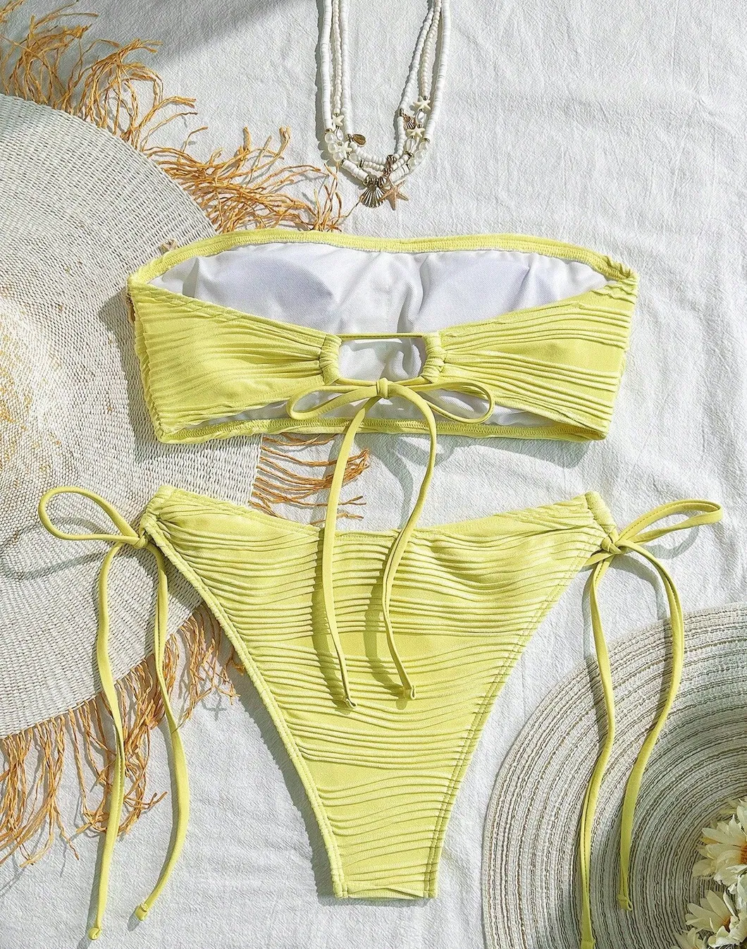 Starfish Shell Tassel Bandeau Sexy Women Two Pieces Bikini with Corrugated Fabric