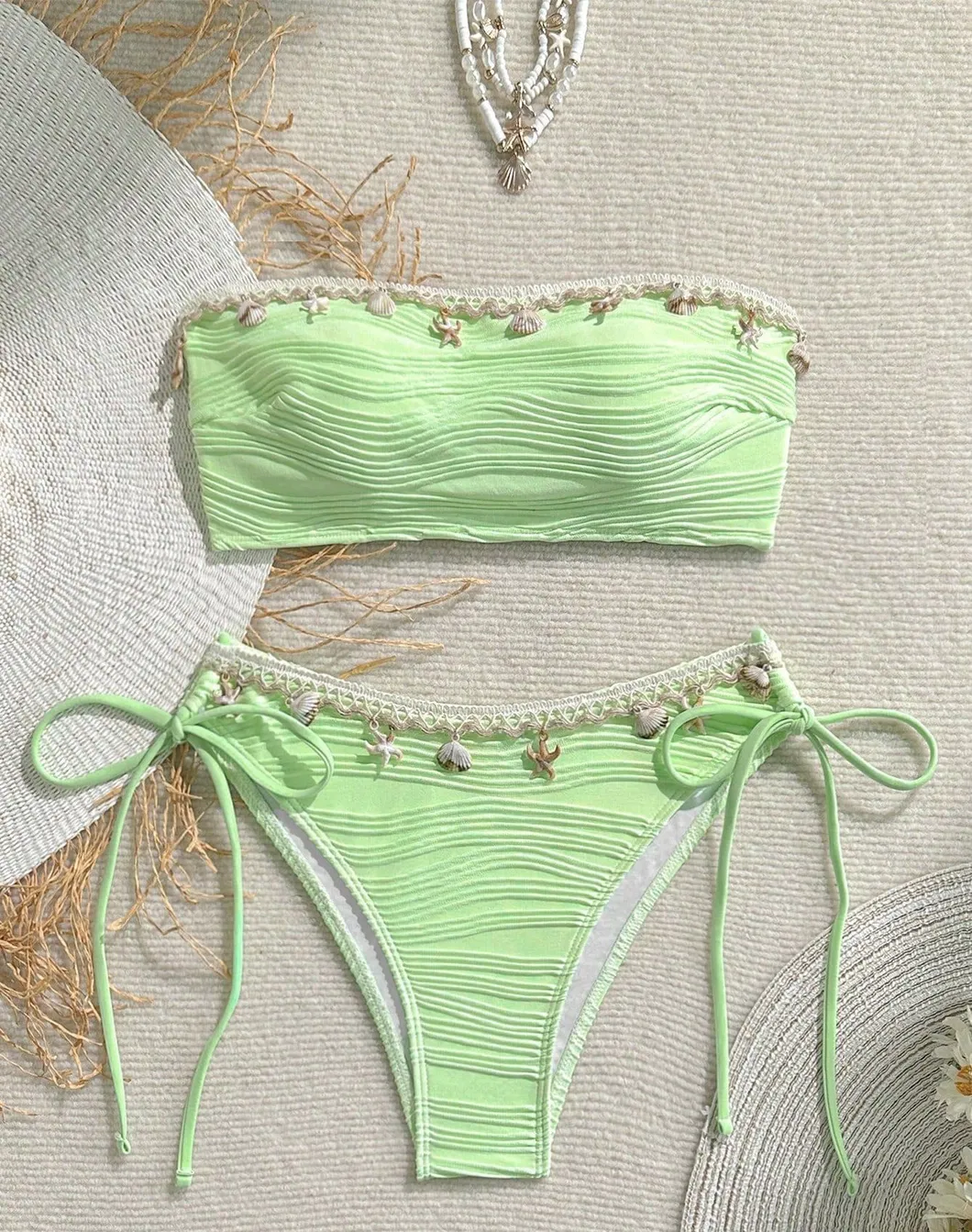 Starfish Shell Tassel Bandeau Sexy Women Two Pieces Bikini with Corrugated Fabric