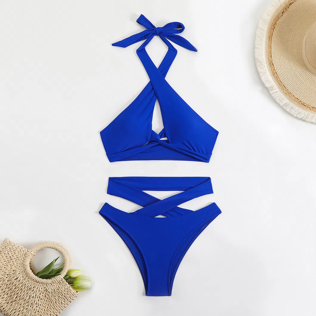 Cross Halter Cut out High Waist Two Pieces Women Solid Color Sexy Bikini Set