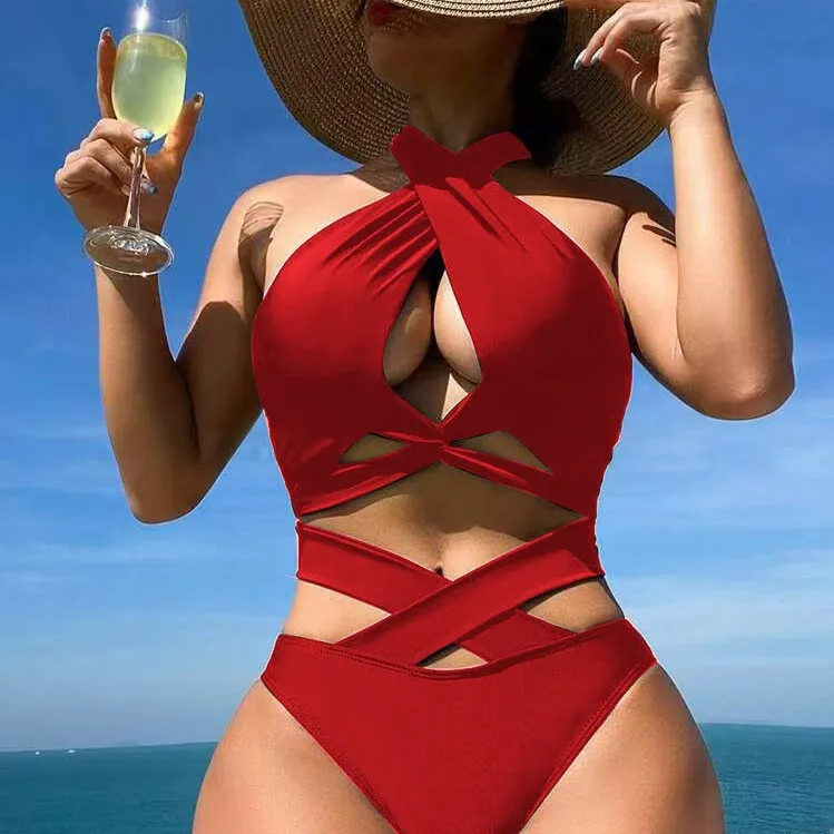 Cross Halter Cut out High Waist Two Pieces Women Solid Color Sexy Bikini Set