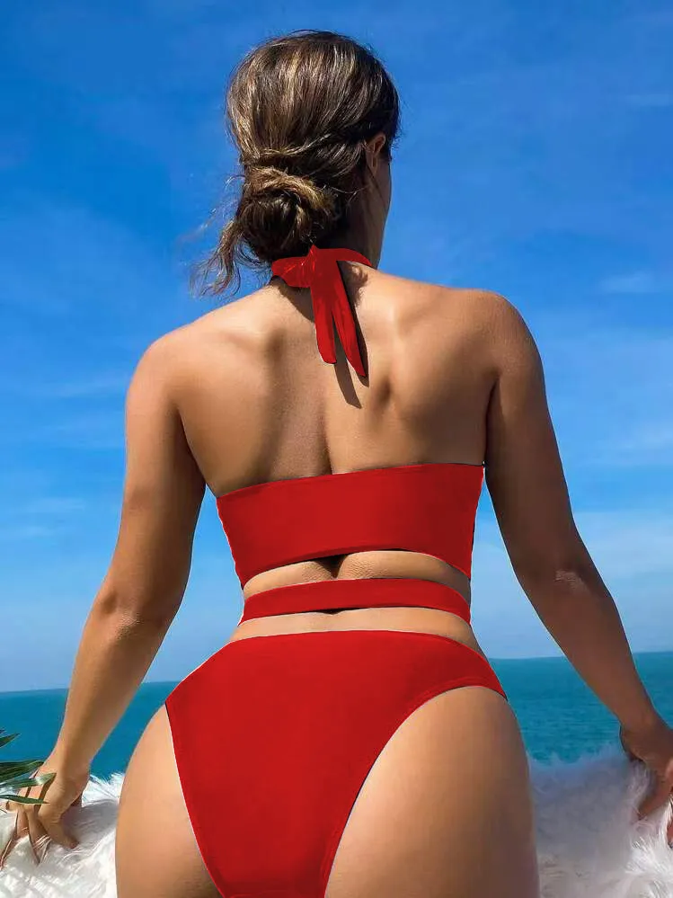 Cross Halter Cut out High Waist Two Pieces Women Solid Color Sexy Bikini Set