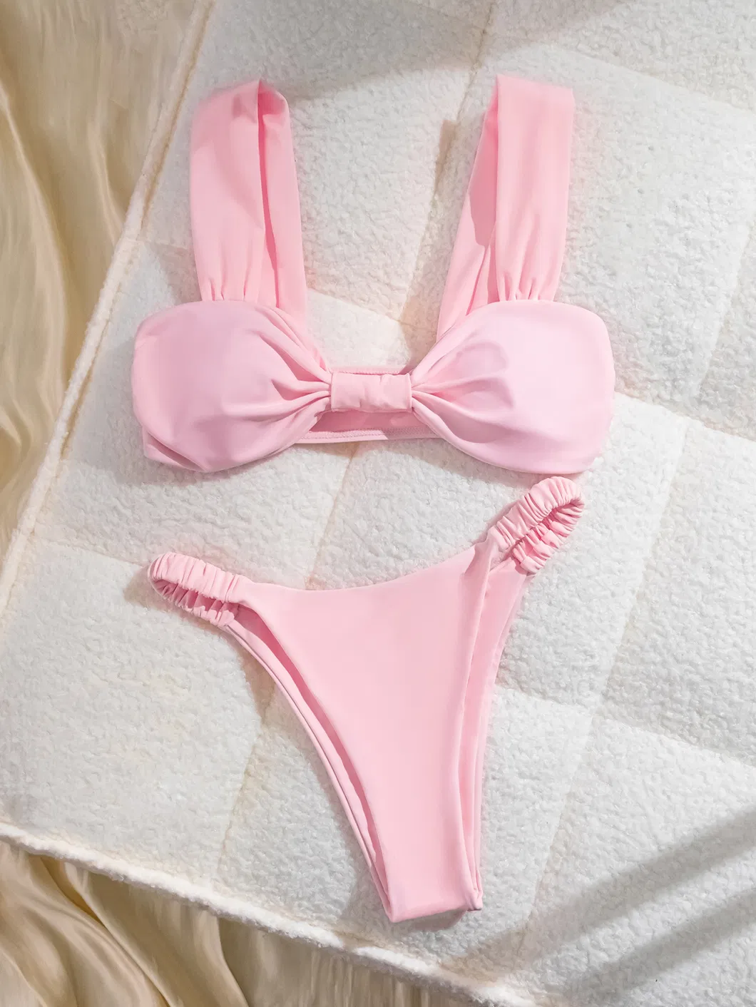 Factory Women Pink Hot Product Wide Strap Knot Two Pieces Bikini Solid Color Swimwear