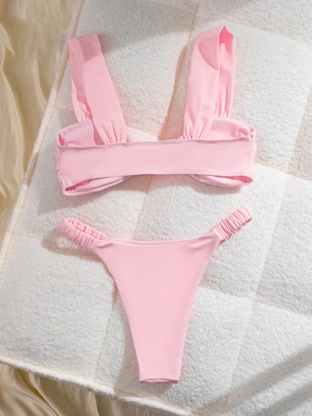 Factory Women Pink Hot Product Wide Strap Knot Two Pieces Bikini Solid Color Swimwear